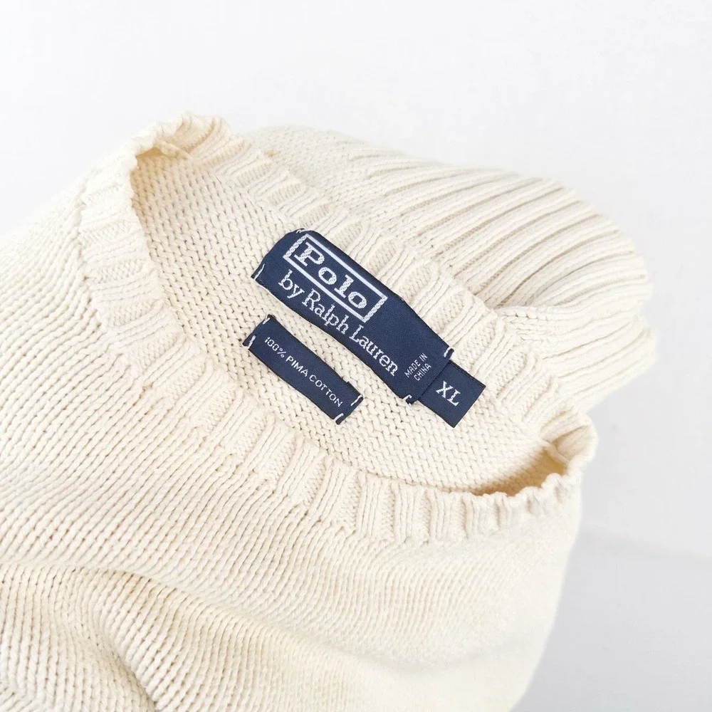 90's Vtg Polo Ralph Lauren Knit Sweater Mens XL Cream Beige Pima Cotton Crewneck